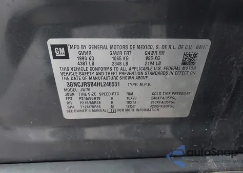 2017 Chevrolet Trax Premier z USA, uszkodzony, nr VIN 3GNCJRSB4HL248531